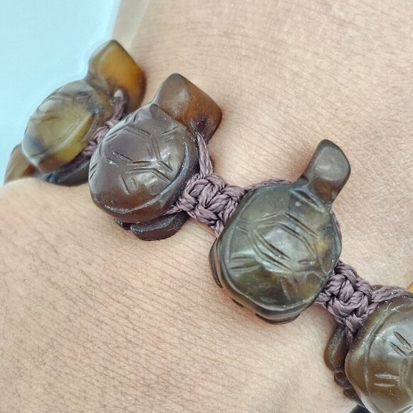 Vintage Hand Carved Stone Turtle Adjustable Rope Bracelet, Brown, One Size - Picture 7 of 12